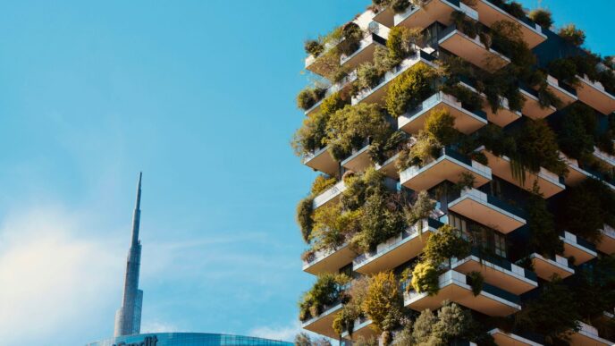 Modern building with balconies covered in lush greenery.
