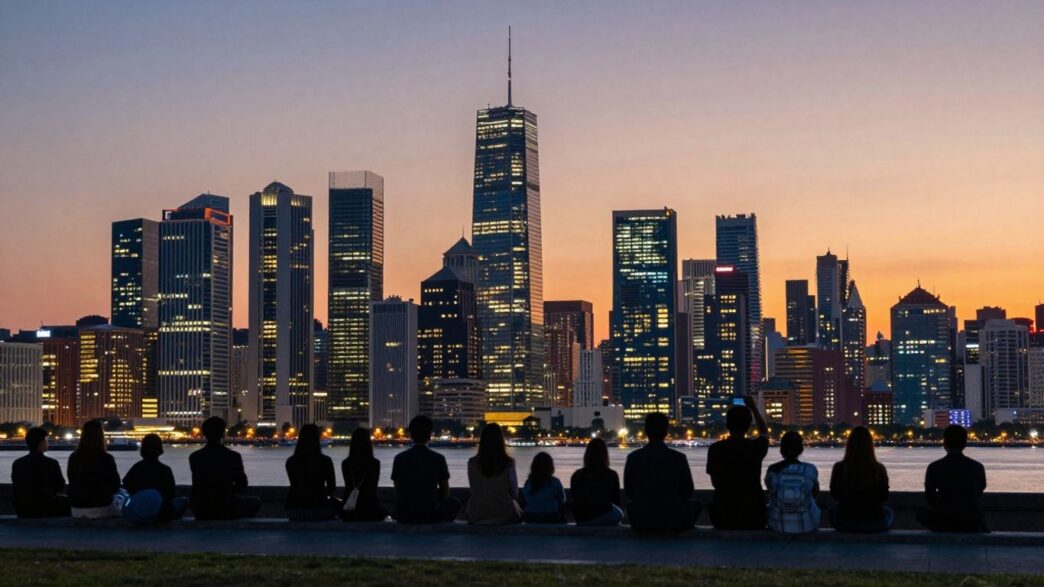 UK cityscape at dusk with silhouettes of people looking forward.