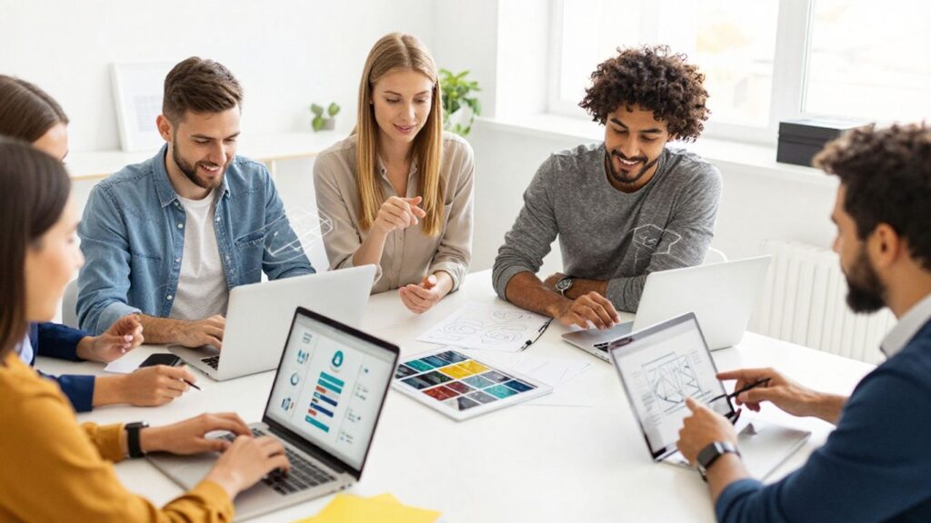 Diverse people using modern digital interfaces, business strategy.