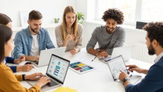 Diverse people using modern digital interfaces, business strategy.