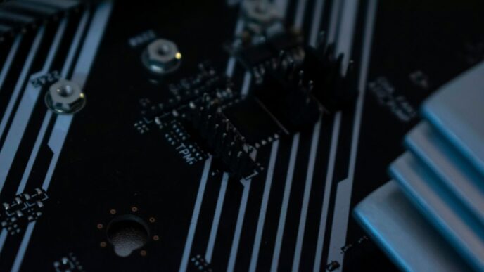 Motherboard's circuitry close-up.