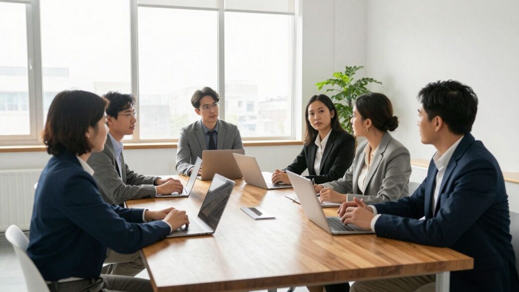 UK business professionals collaborating in a modern office.