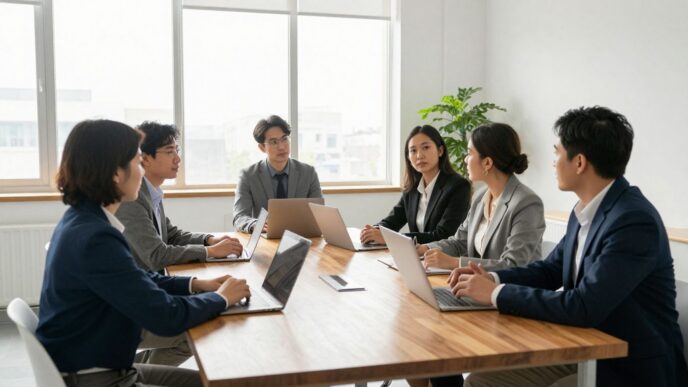 UK business professionals collaborating in a modern office.