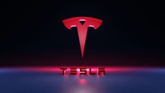 a red logo with a black background