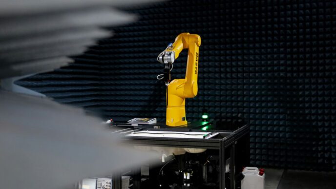 a yellow robot sitting on top of a table