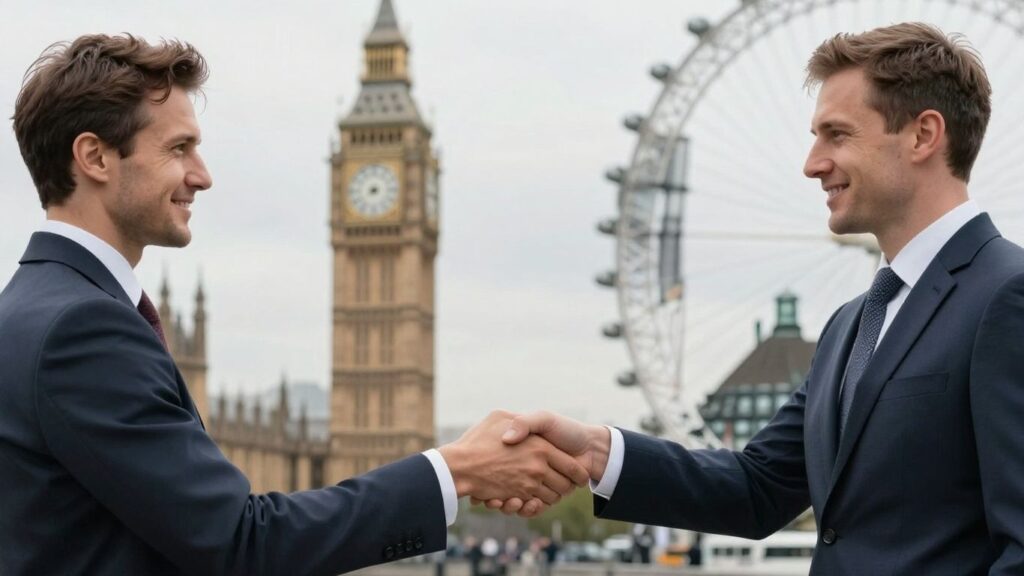 Handshake with UK landmarks in background.