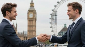 Handshake with UK landmarks in background.