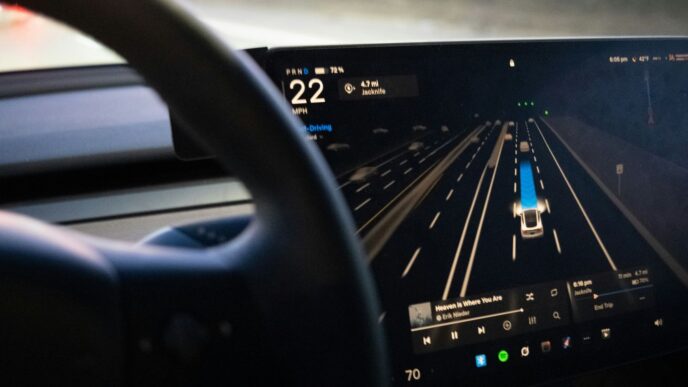 Car dashboard displaying autonomous driving interface