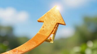 Product packaging forming an upward arrow against a bright sky.