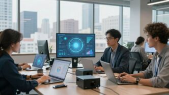 Professionals collaborating in a high-tech office setting.