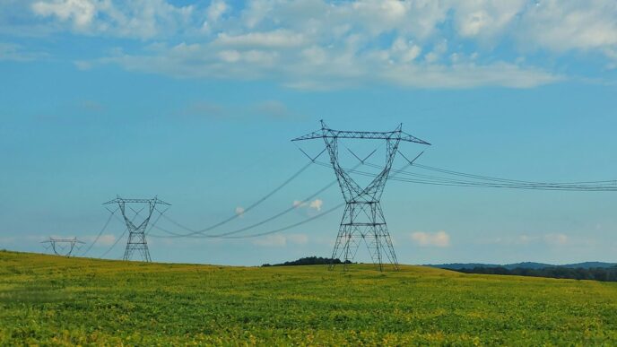 a field with power lines in the distance