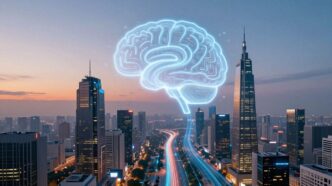 Futuristic city with AI brain icon.