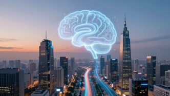 Futuristic city with AI brain icon.