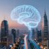 Futuristic city with AI brain icon.