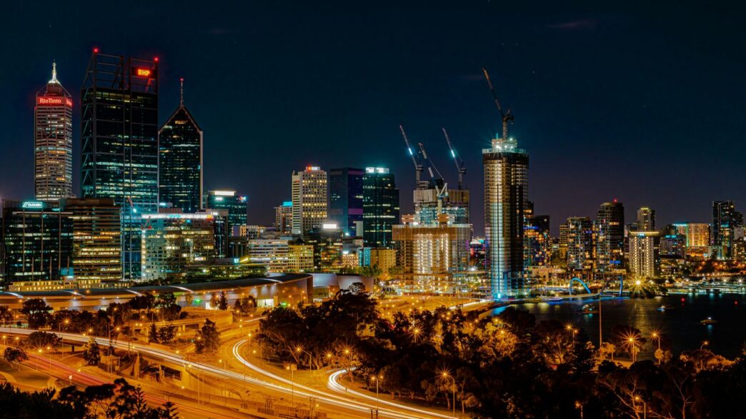 a city skyline at night