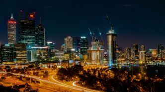 a city skyline at night