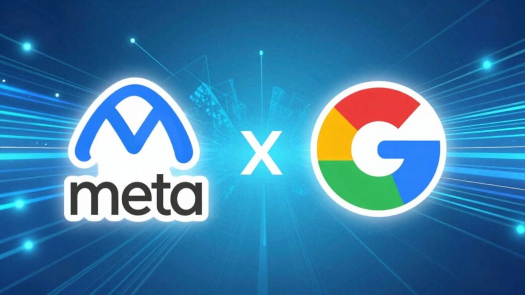 Meta and Google Cloud logos together, digital background.