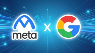 Meta and Google Cloud logos together, digital background.