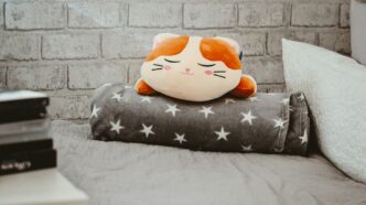 a cat pillow sitting on top of a bed