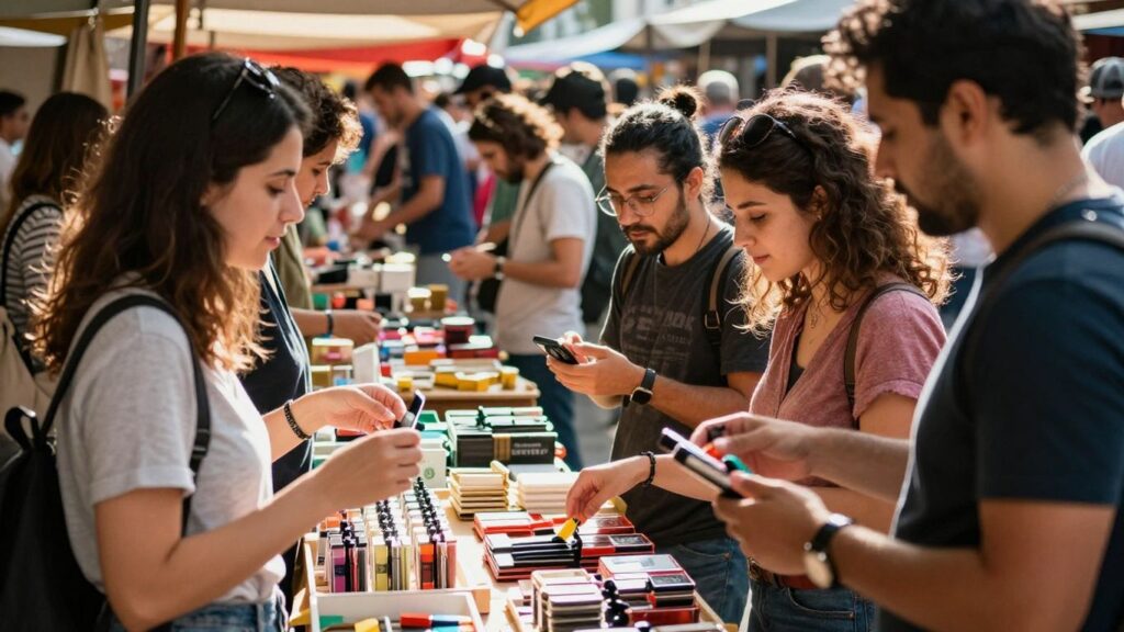 People happily buying a product in a busy market.