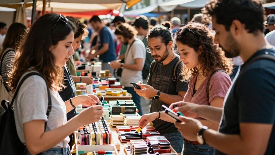 People happily buying a product in a busy market.
