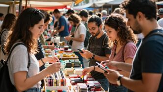 People happily buying a product in a busy market.
