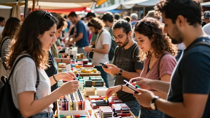 People happily buying a product in a busy market.