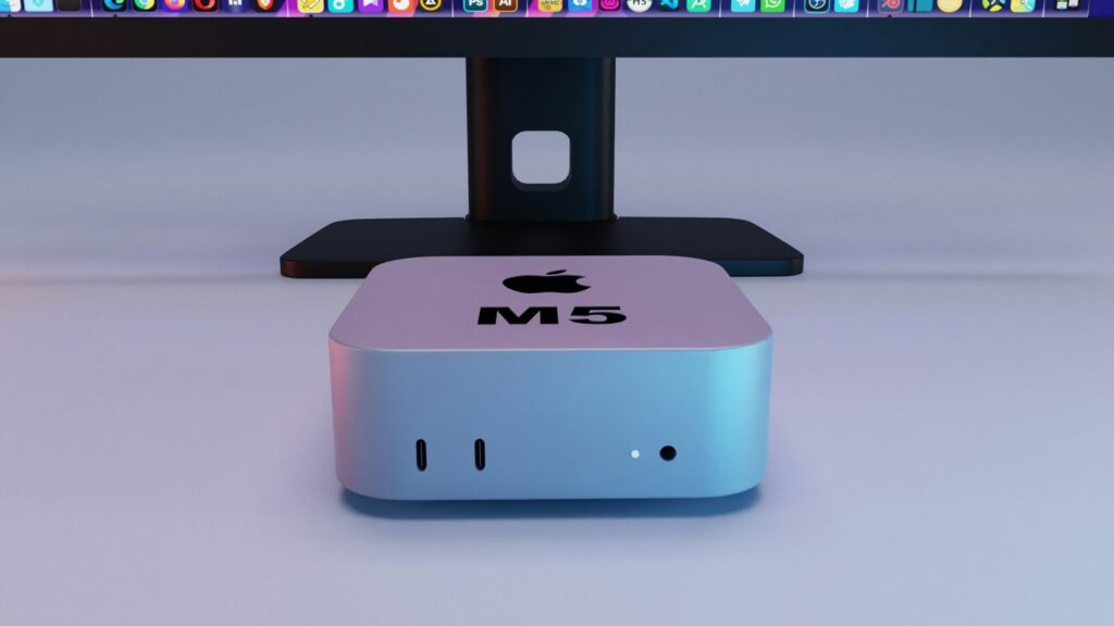 Apple mac mini computer with monitor behind monitor