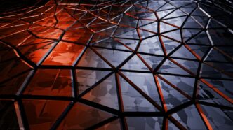 An abstract photo of a building with red lights