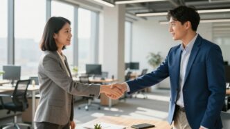 Business professionals shaking hands in a modern office.