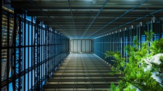 A long hallway with lots of windows and plants