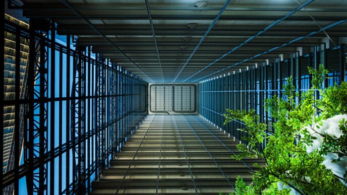 A long hallway with lots of windows and plants
