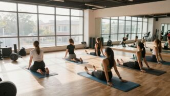Fitness studio with people working out and sunlight.