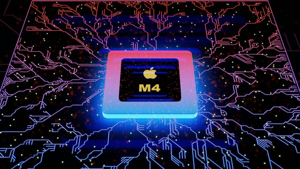 an apple m4 processor in a dark room