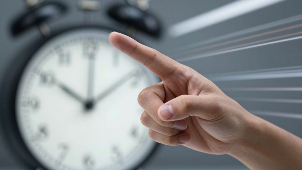 Hand pointing forward with blurred background and clock.