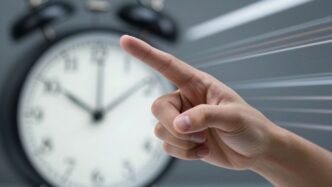Hand pointing forward with blurred background and clock.