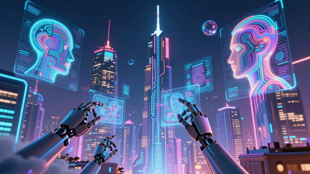Futuristic AI cityscape with glowing circuits and holographic faces.