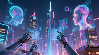 Futuristic AI cityscape with glowing circuits and holographic faces.