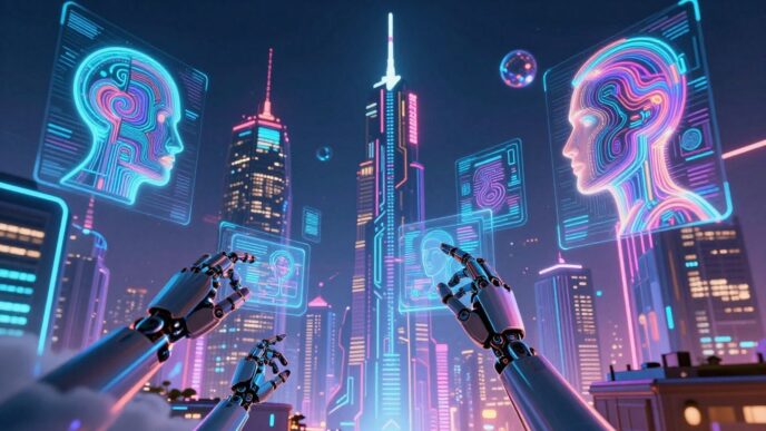 Futuristic AI cityscape with glowing circuits and holographic faces.