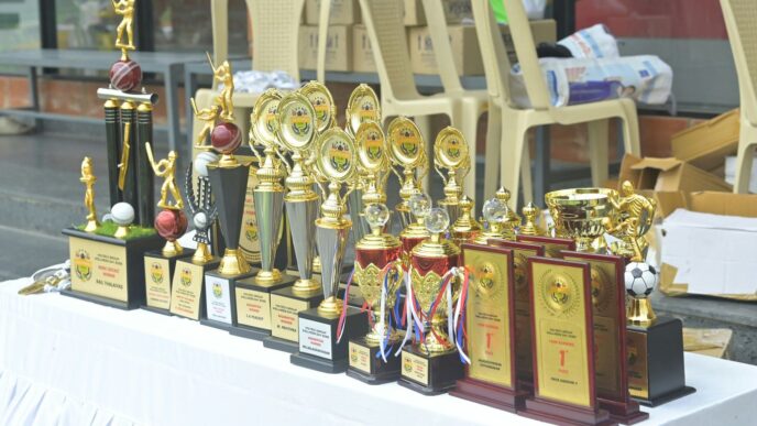 Collection of trophies and awards on a table