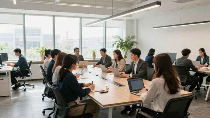 Professionals collaborating in a modern, sunlit office space.