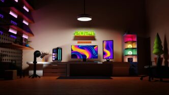 a room with a tv and a lot of lights