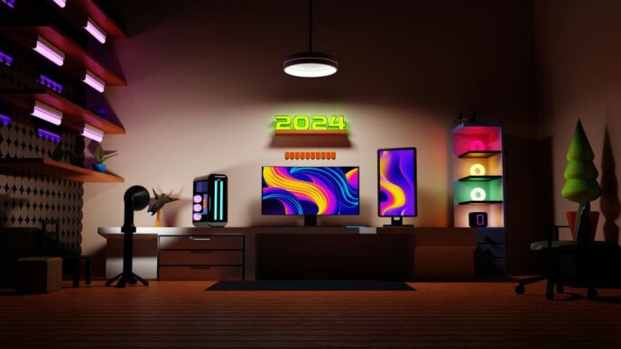 a room with a tv and a lot of lights