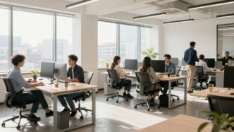 Modern office space with teams collaborating for growth.