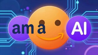 Amazon and OpenAI logos merging, AI circuitry background.