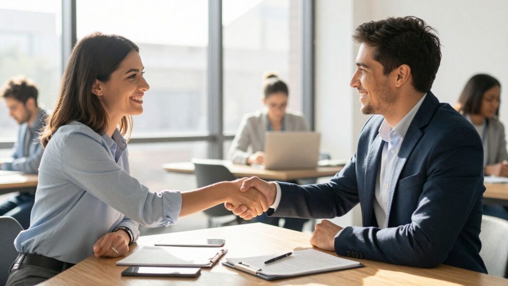 Confident business handshake in bright office meeting