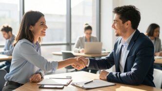 Confident business handshake in bright office meeting
