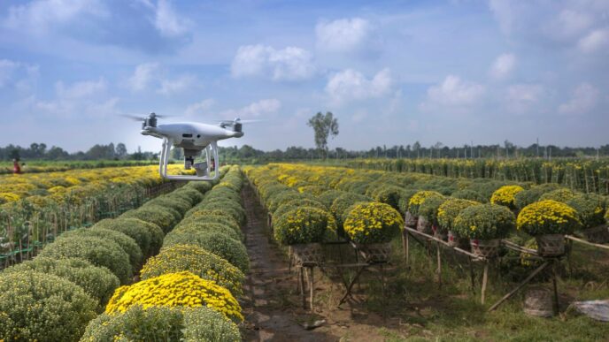 a large field of yellow flowers with a small plane in the middle of it