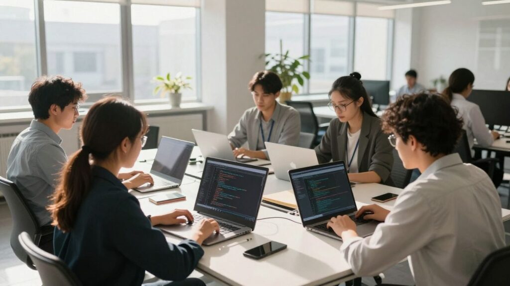 Team collaborating on SaaS development in a modern office.