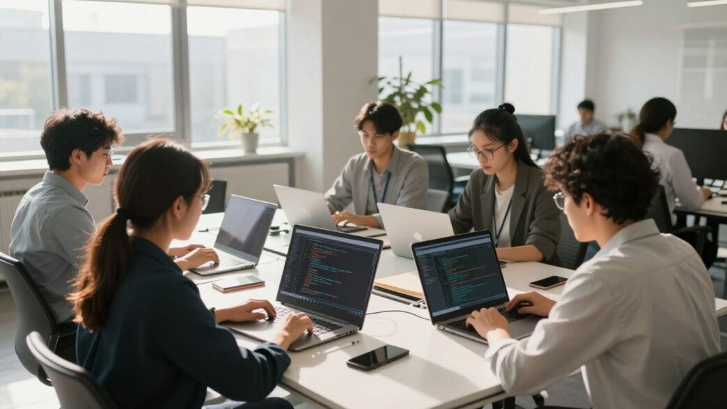 Team collaborating on SaaS development in a modern office.